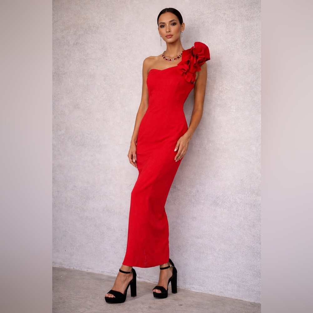 Chiara Boni La Petite Robe Red One Shoulder Ruffle Gown Made In Italy NWT